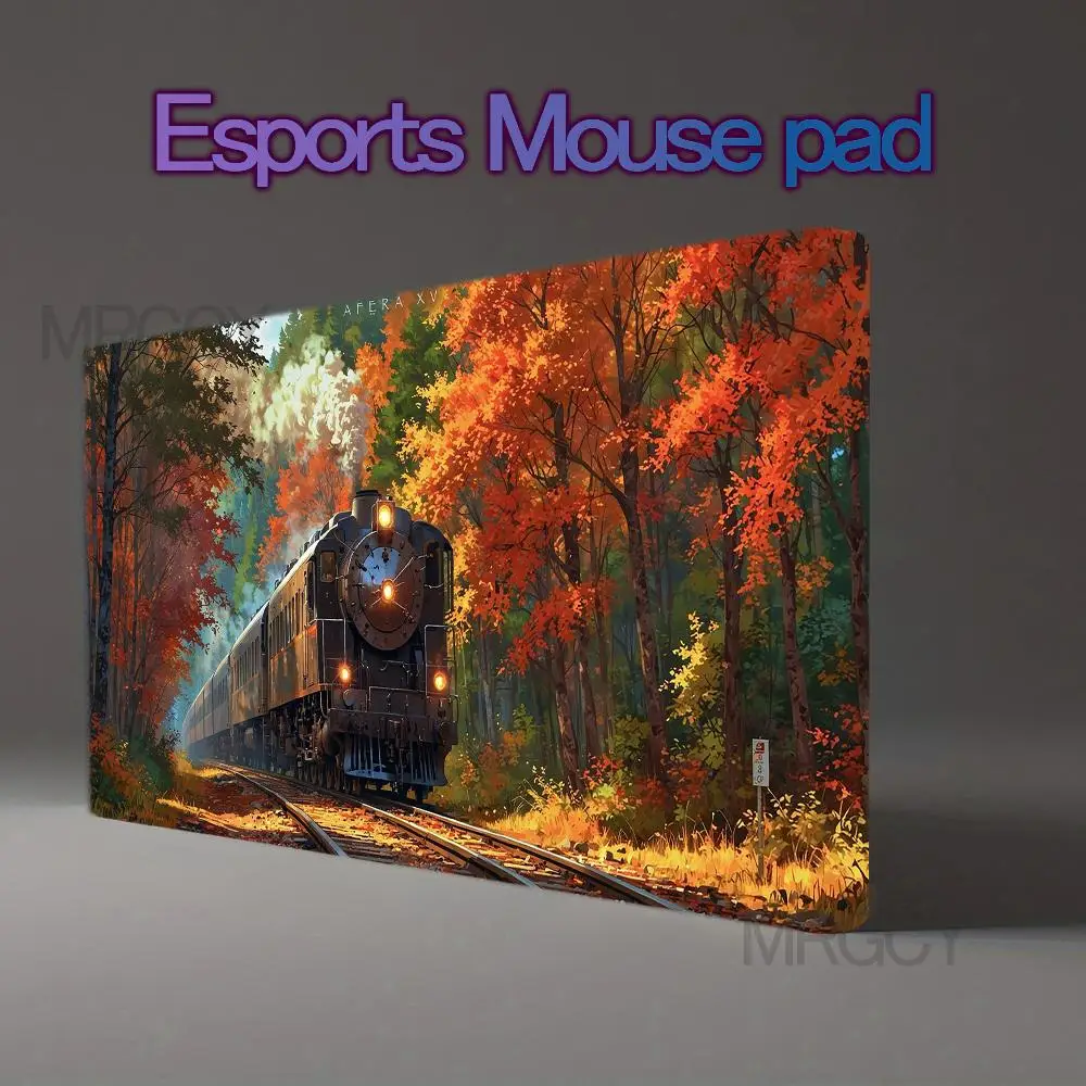 Steam Locomotive Autumn Maple Forest Large Gaming Mouse Pad Fall Nature Landscape Desk Mat escritorio accesorios