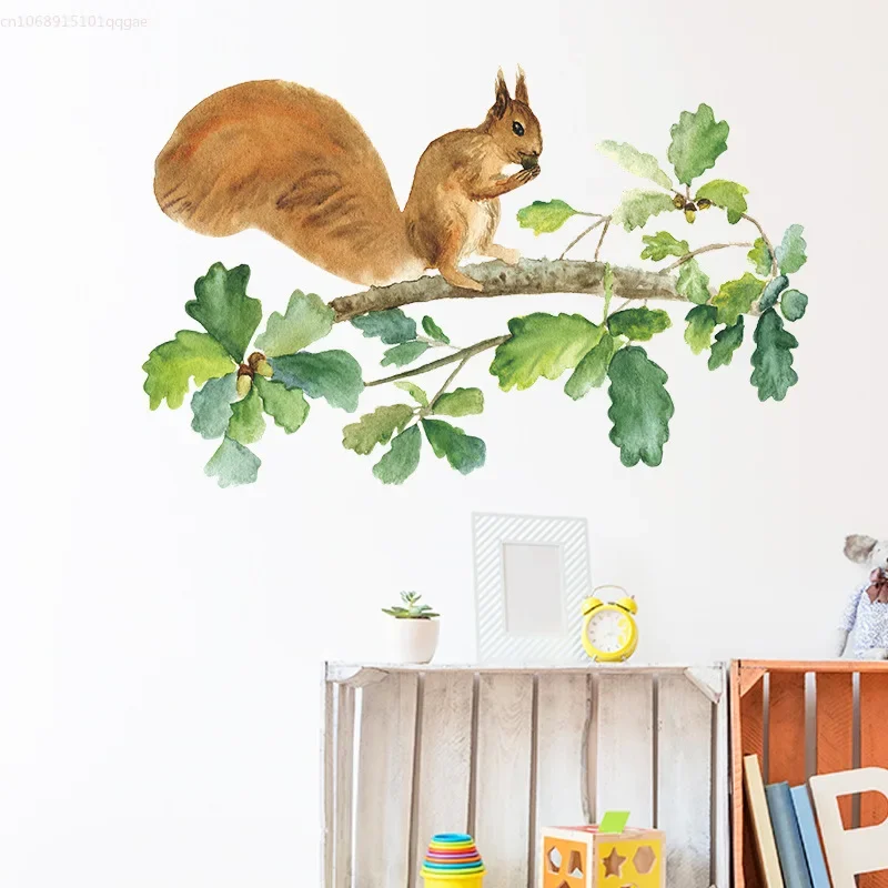 Forest Cartoon Squirrel Wall Sticker Creative Wallpaper Collect Chestnuts Children's Room Nursery Decorative Stickers Home Decor