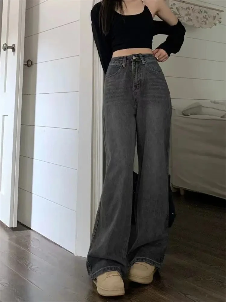 هوتشو خمر الجينز الجرونج Y2k 90s مستقيم واسعة الساق سراويل جينز عالية الخصر الإناث غسلها فضفاض الدنيم السراويل الشارع الشهير