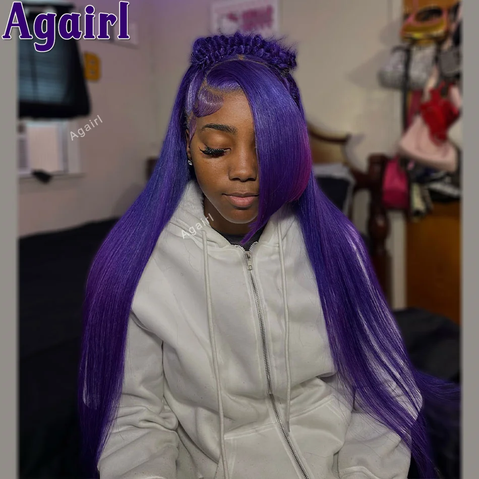 

32 Inch Dark Purple Colored 13x6 13X4 Lace Frontal Wigs Human Hair 5x5 6X4 Bone Straight Lace Closure Wig PrePlucked 200 Density