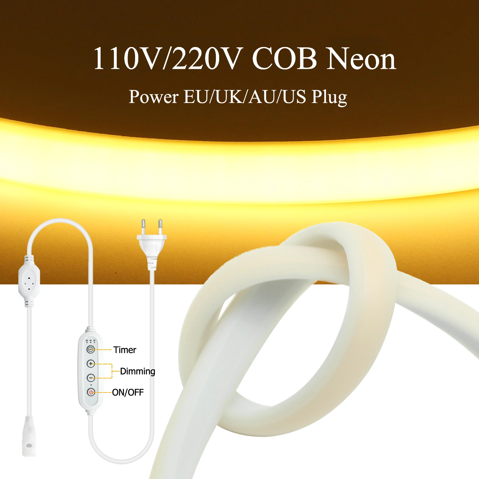 Фото 110 В 220 В с регулируемой яркостью COB светодиодная неоновая лента мощность ЕС США AU UK вилка с переключателем/диммером/таймером водонепроницаемая 288 светодиодов/м светодиодная лента