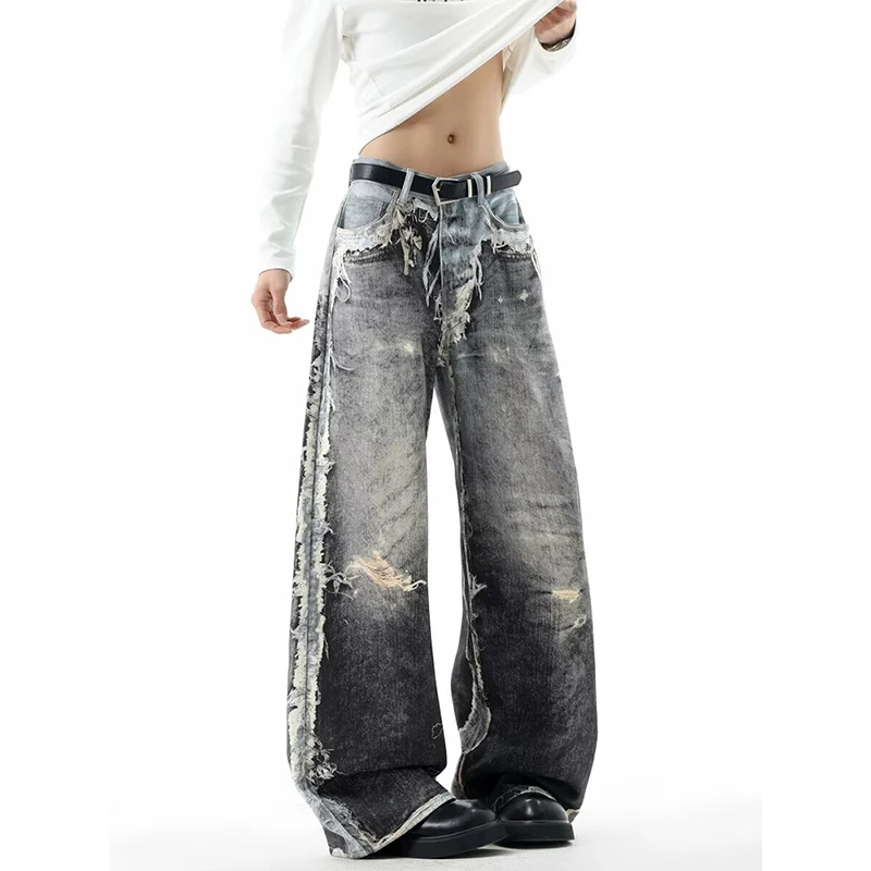 European And American Street Style Imitation Fringed Printed  Man's Denim Pants, High Waisted Loose Hanging Wide Leg Pants