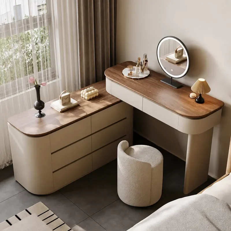 Solid Wood Dresser Bedroom Chest of Drawers with Integrated Mirror Light Luxury Paint Finish Makeup Vanity Table for Home