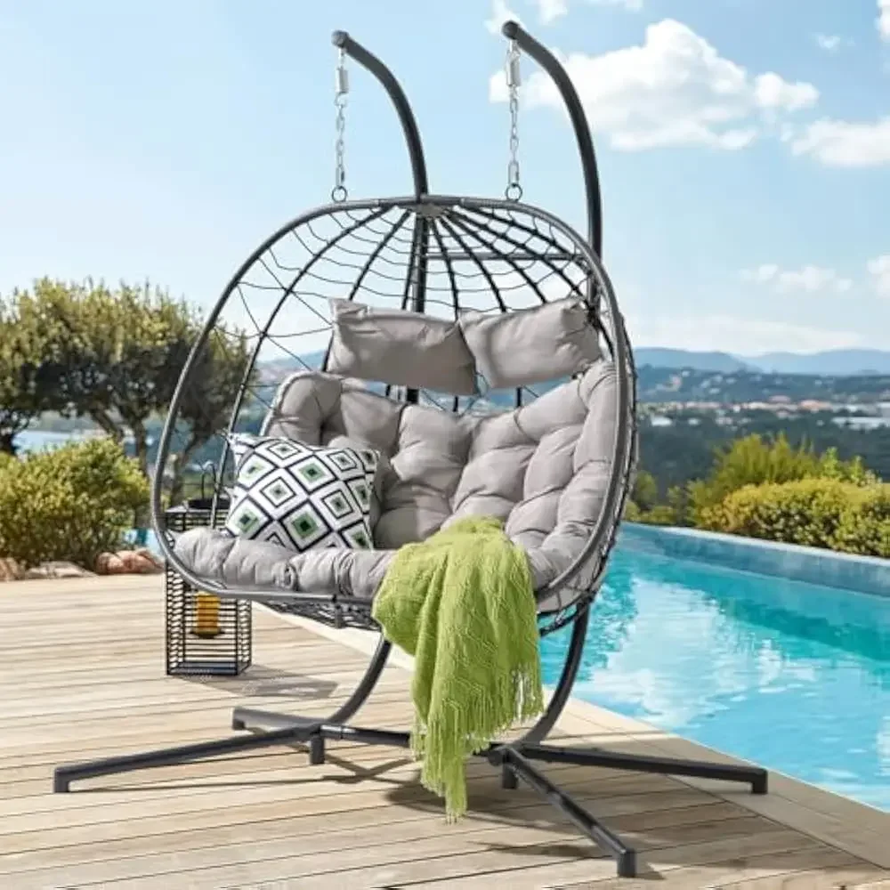 

Double Rattan Swing Egg Chair with Side Pockets, Foldable Hanging Egg Chair with Stand, Outdoor and Indoor Egg Chairs