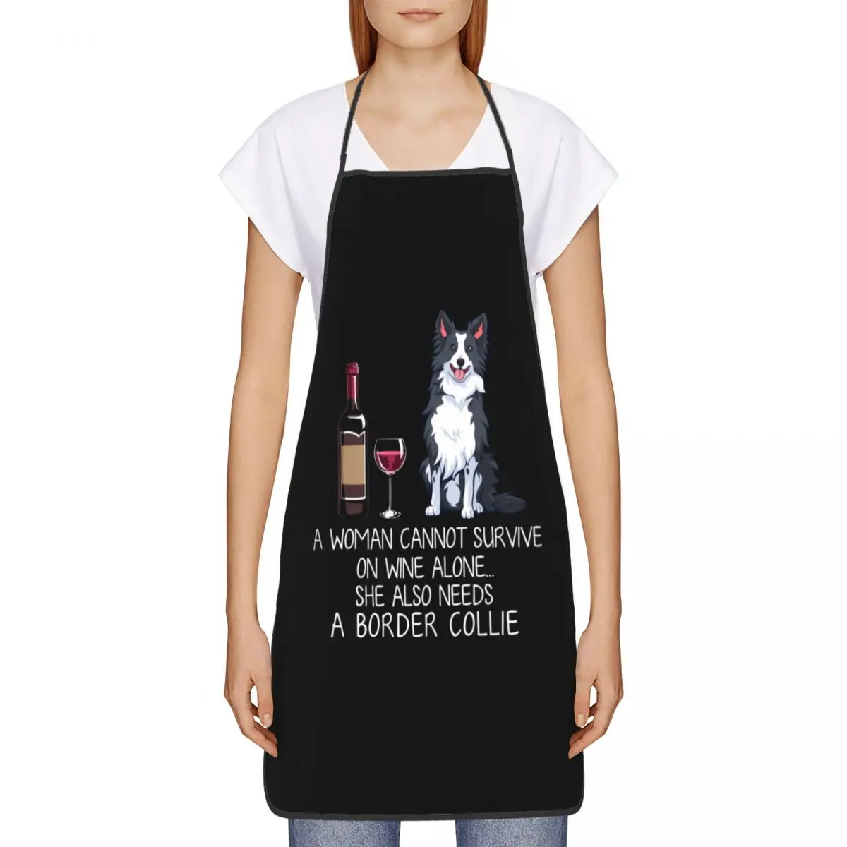 Unisex Wine And Border Collie Dog Bib Apron Adult Women Men Chef Tablier Cuisine for Kitchen Cooking Funny Baking