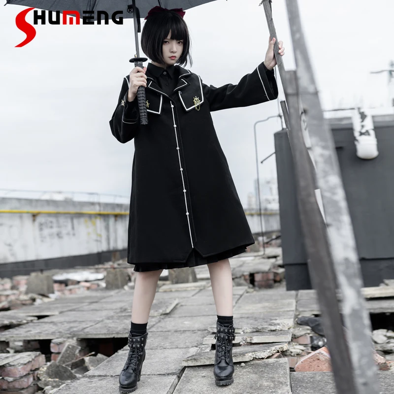 Original JK Uniform Black Woolen Coat Autumn and Winter College Style Loose Double Breasted Suit Collar Thickened Long Coats