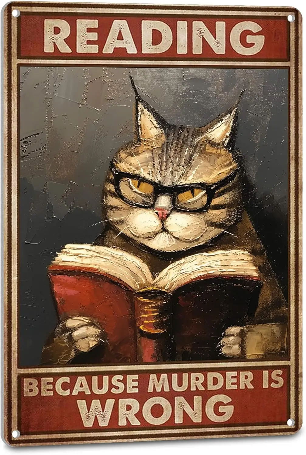 Vintage Reading Book Signs for Book Nook Decor, Hippie Decor Cat Poster - Reading Because Murder Is Wrong, Funny Home Library Wa