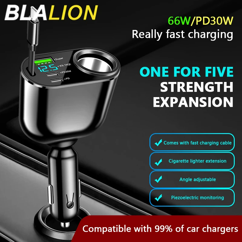 BLALION 66W Car Cigarette Lighter Socket USB Car Charger PD Type C Splitter Adapter Power Socket with LED Display Fast Charger