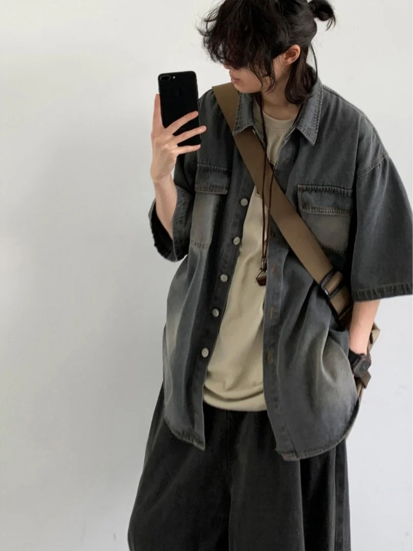 

Японская рабочая одежда: свободная джинсовая рубашка с коротким рукавом, винтажная, повседневная, с дизайнерскими карманами, 100% хлопок, для мужчин и женщин