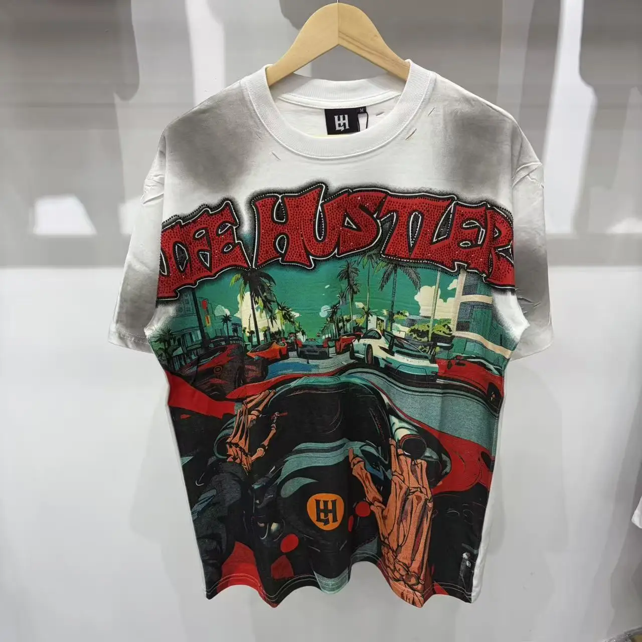 Life Hustlers Retro Streetwear Hip-Hop Racing Driver Print Washed Vintage Short-Sleeved T-Shirt