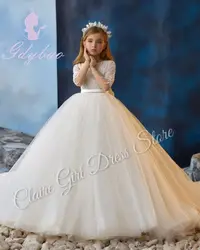Customized Elegant Flower Girl Dresses For Wedding Sequins With Bow Puffy Princess Birthday Party First Communion Ball Gown