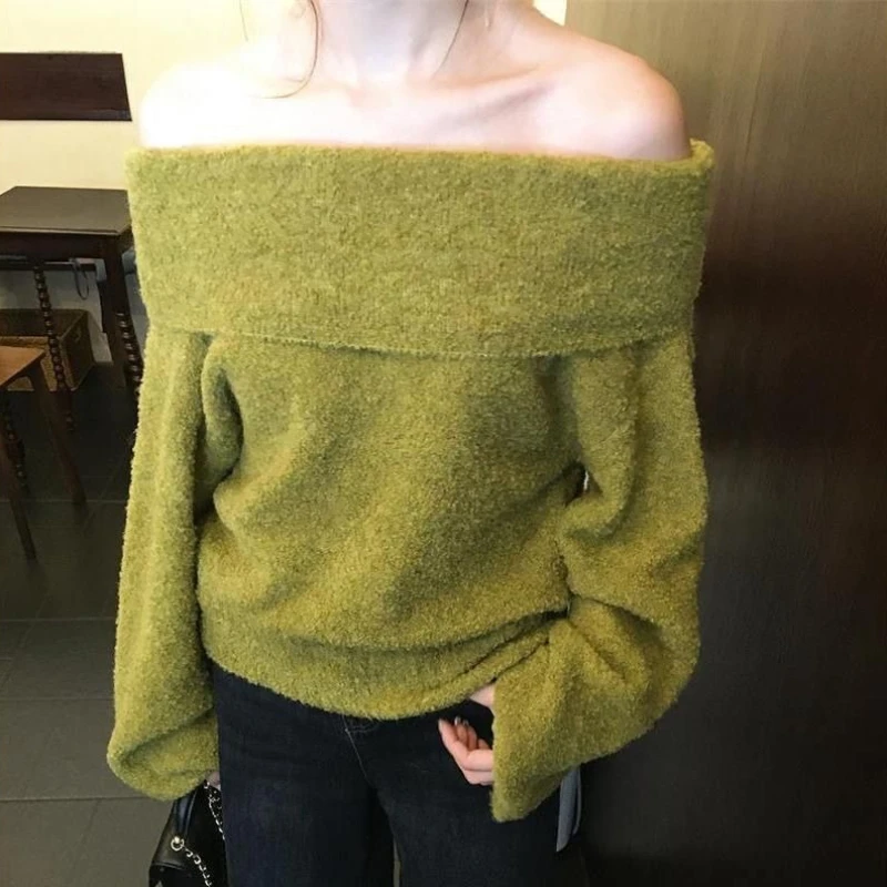 Women's 2026 Autumn Winter Green Off Shoulder Long Sleeve Loop Knit Sweater Slouchy Soft Warm Elegant Chic Coquette Trendy Top - view 2