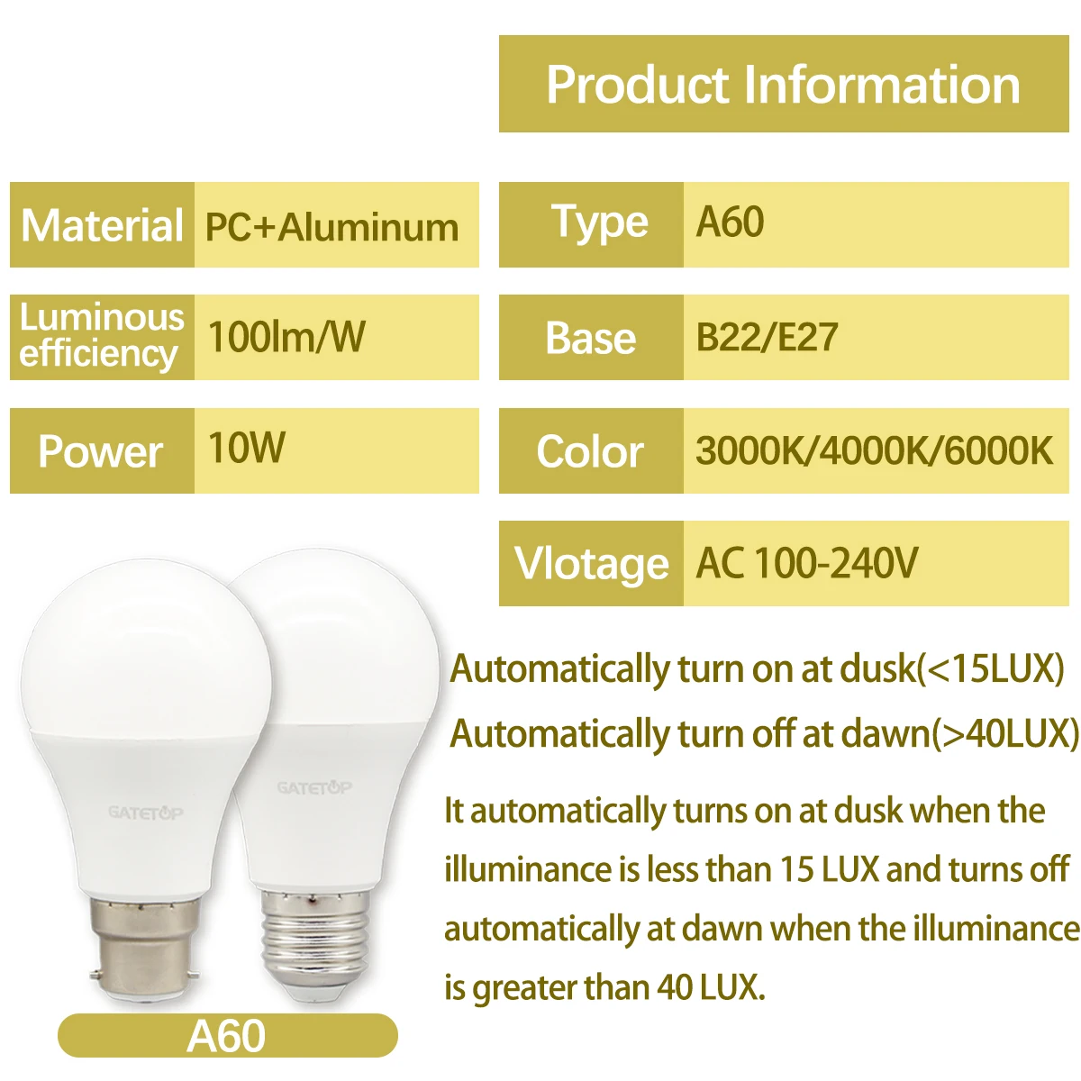 Hot Led Bulb Light Sensor Control Bulb AC 220V 110V 10W E27 B22 Dusk to Dawn Light Bulb for the Entrance of Underground Garage