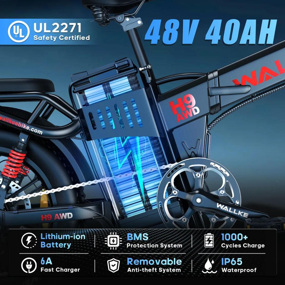 W Wallke H9 AWD Dual Motor Electric Bike for Adults, 48V 40Ah Long Range Ebike, Fast E-Bike, 20"x4" Fat Tire Electric Bicycle, UL2849 image 3