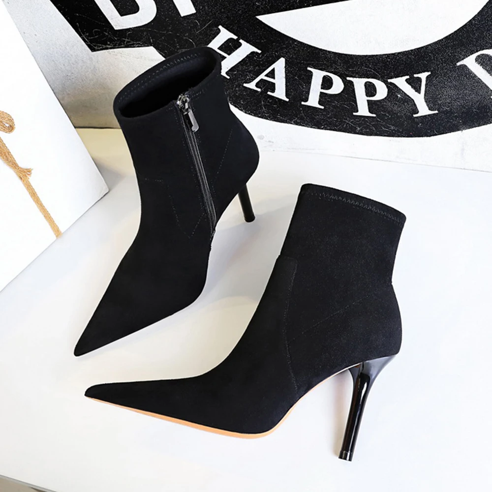 

Size 34-40 Winter Flock Leather Women Black Boots Pointed Short Boots Slim Zip Woman Boots High Heels Ladies Fashion Ankle Boots