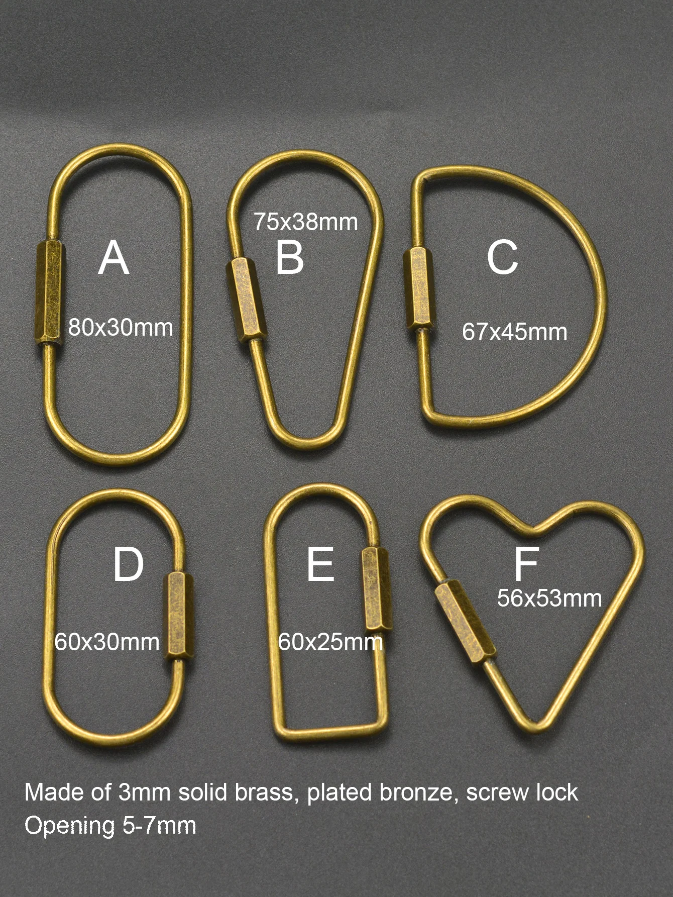 6 style stylish simple geometric design bronze plated brass oval Drop Heart Screw Locking Carabiner Key ring Keychain EDC gift