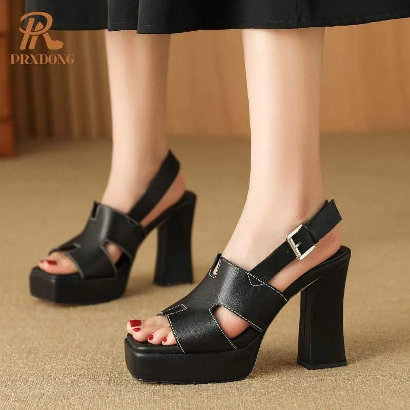 PRXDONG Genuine Leather Summer Shoes Woman Sandals Chunky HIgh Heels Platform Black White Dress Party Female Pumps Size 34-40