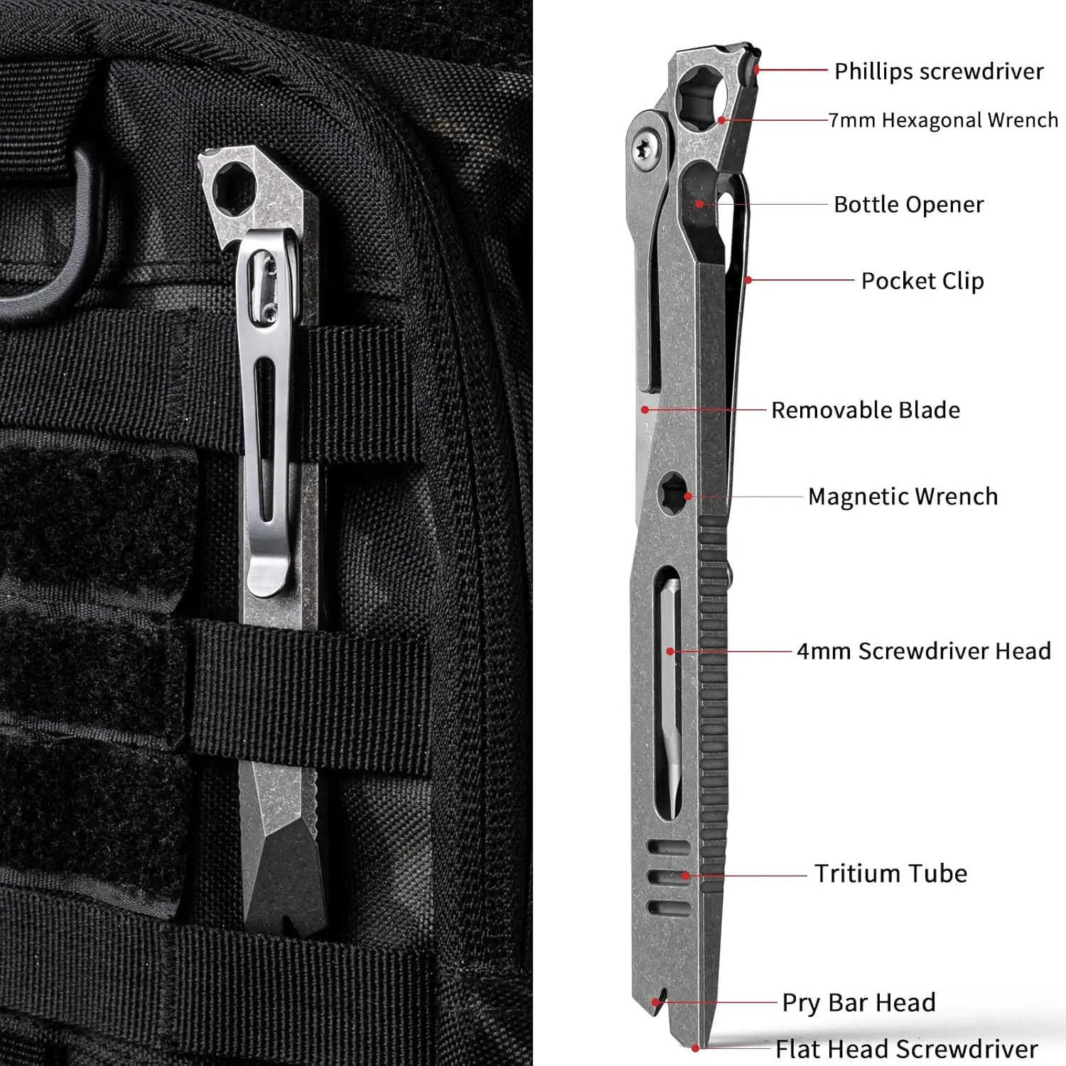 

Titanium EDC Pry Bar,Pocket Prybar,Keychain Crowbar Tool with Pocket Clip,Bottle Opener,Nail Puller,Hex Wrench,Screwdriver