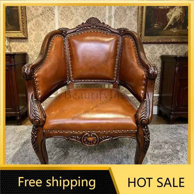 XX. American solid wood carving flower leather sofa chair living room single leisure chair