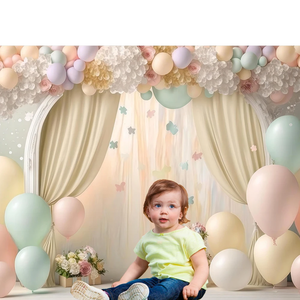 Girl Boy 1st Birthday Party Backdrop Arched Door Colorful Balloon Newborn Baby Shower Cake Smash Wedding Party Background