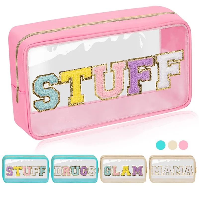 New Clear Travel Make Up Cosmetic Bag Pouches Transparent Letter Patches Color Waterproof Cosmetic Toiletry Bag Organizer Gift