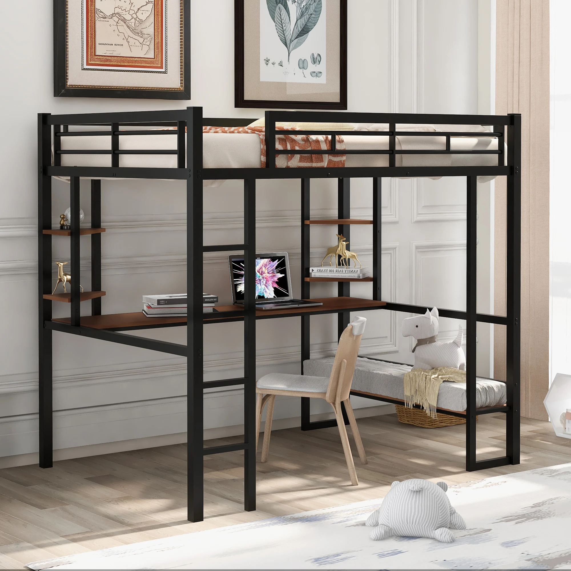 

Full Size Loft Bed with Metal & MDF Frame, Long Desk and Shelves, Black - Multi-Functional Design 78x56.30x71.60 in.