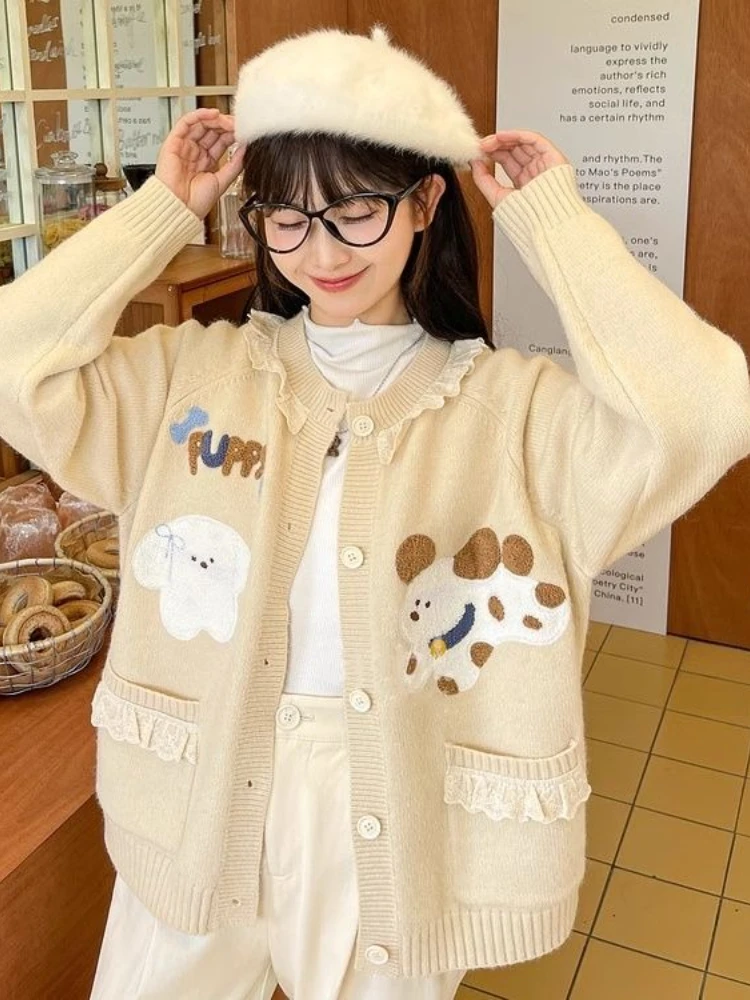 

Korobov Autumn Japanese Sweet O Neck Long Sleeve Single Breasted Lace Embroidery Pockets Loose Knitted Cardigan