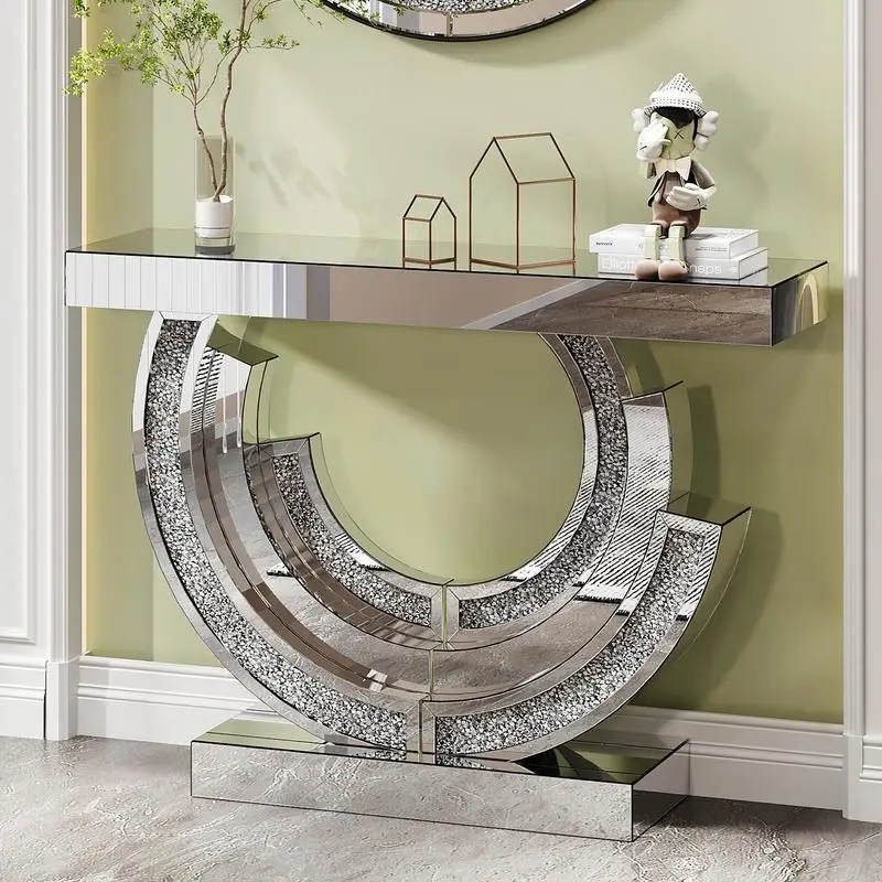 

3C Shaped Crushed Diamond Hallway Table Mirrored Center Console Table for Living Room Hotel Use
