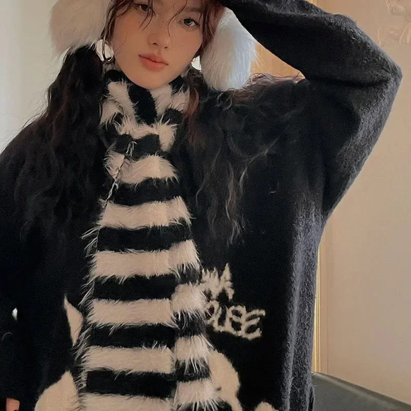 Winter Imitation Mink Plush Striped Scarf Korea Women Y2K Warm Muffler Lolita Japanese Earmuffs Original Design Accessories