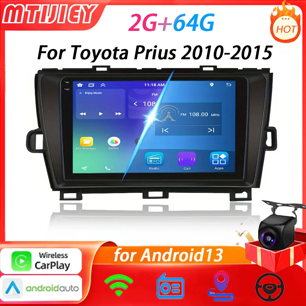 MTIJIEY 2+64G 2Din Car Radio Multimedia Player For Toyota Prius 3 XW30 2010-2015 Android 13 GPS Navigation Stereo  Carplay