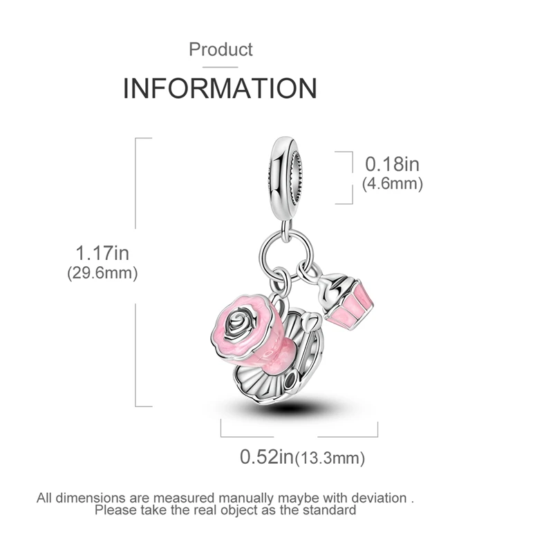 Trendy 925 Sterling Silver Pink Floral Tea Cup And Small Cake Charm Fit Bracelet Women's Cute DIY Jewelry Accessories