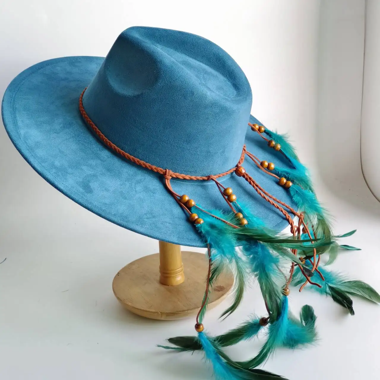 Women's Bohemian Western style hat, peacock blue suede wide-brimmed hat, resort Bohemian style headdress шляпа женская