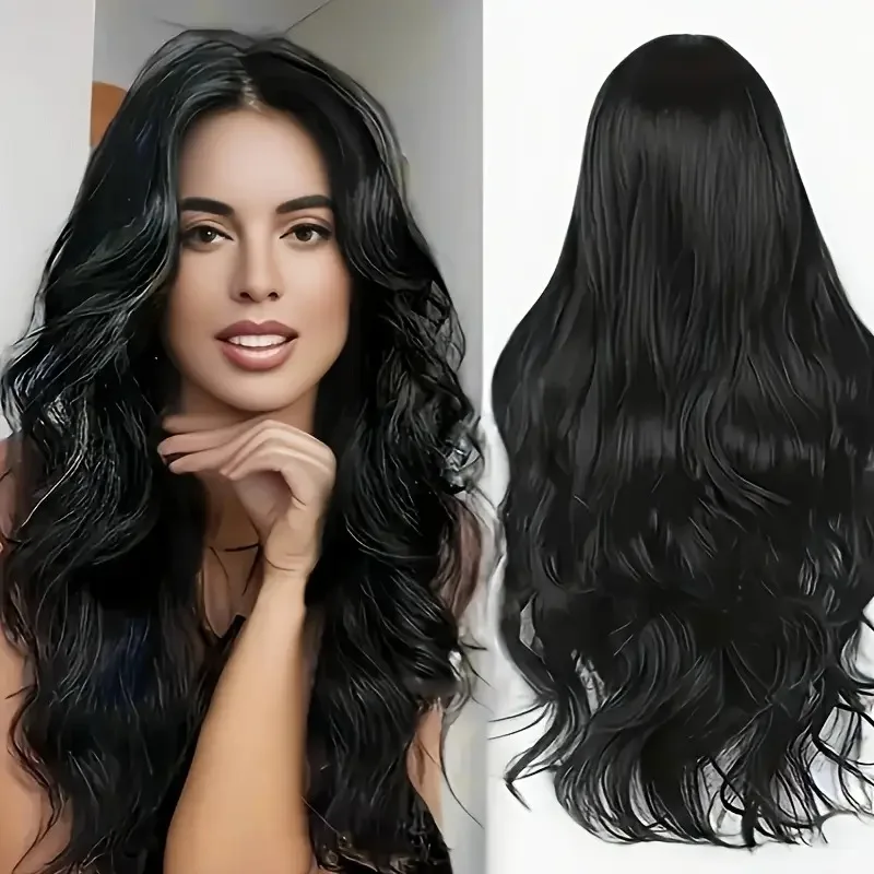 

Новый синтетический парик для женщин, черные длинные вьющиеся волосы, парик с разрезом по центру, крупные волны