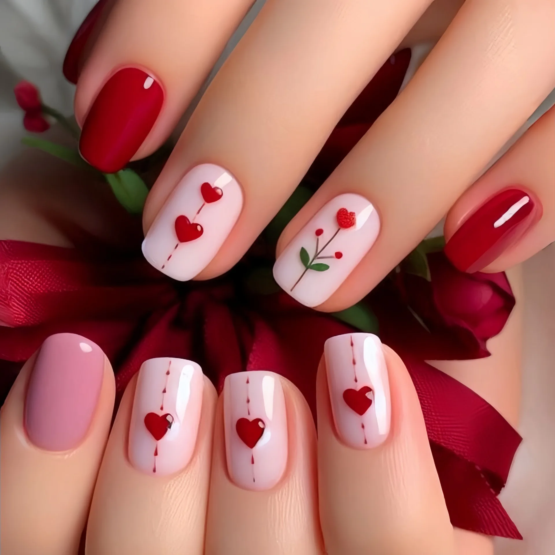 Medium long fake nails for women girls pink red black cute heart square ballet tips for Valentine's Day press on false nail art