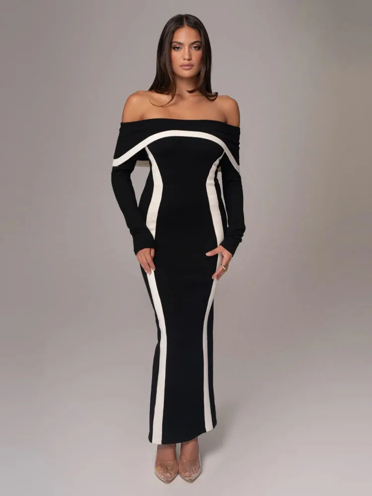 Sexy Off Shoulder Contrasting Bandage Long Dress Women Long Sleeve Salsh Neck Patchwrok Bodycon Dresses Evening Party Gowns