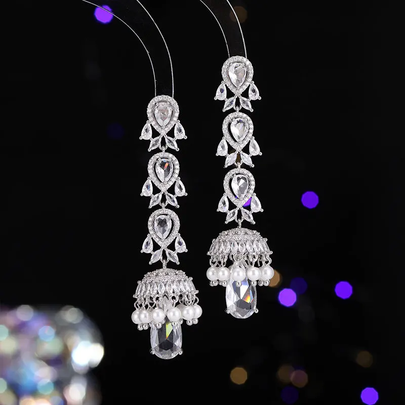 OKILY Exaggerated Cubic Zircon Drop Earrings Shiny Long Tassel Charming Dangle Earring for Women Bohemia Wind Chime Ear Ring