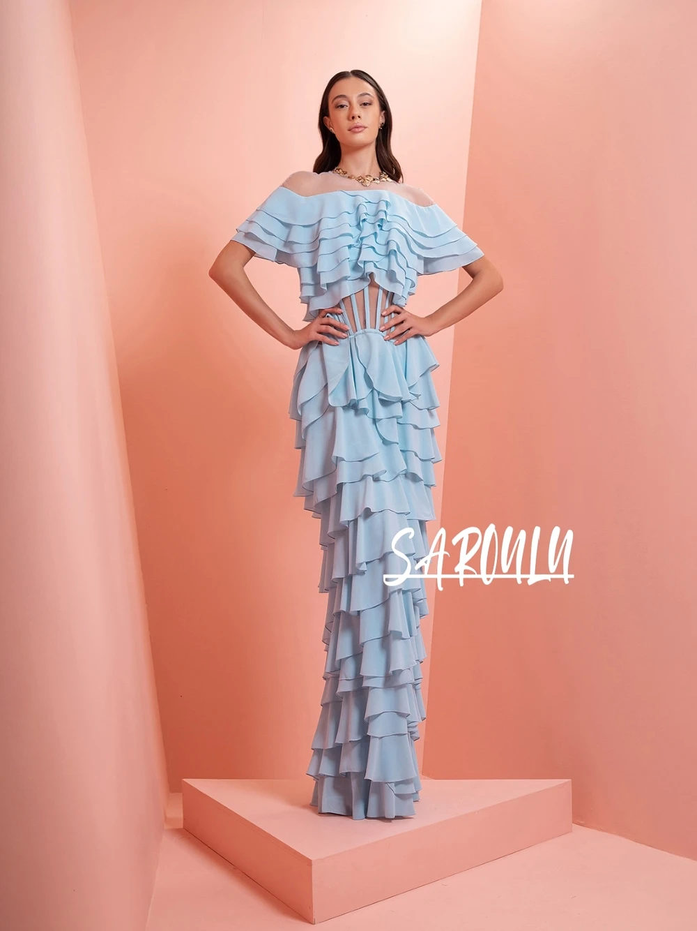 

Baby Blue Tiered Chiffon Off-the-shoulder Evening Dress Corset Romantic Straight Customized Prom Gown Simple Soft Party Wear