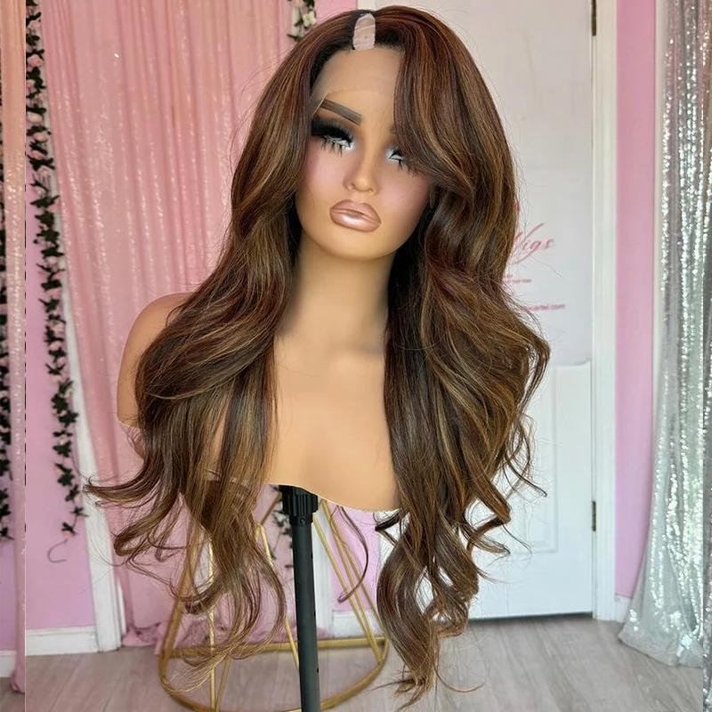 Glueless Chocolate Golden Brown MIX 1x4 Opening U Part Human Hair Wigs  Middle/Left/Right 1x4 V Part body wavy Wigs for Women