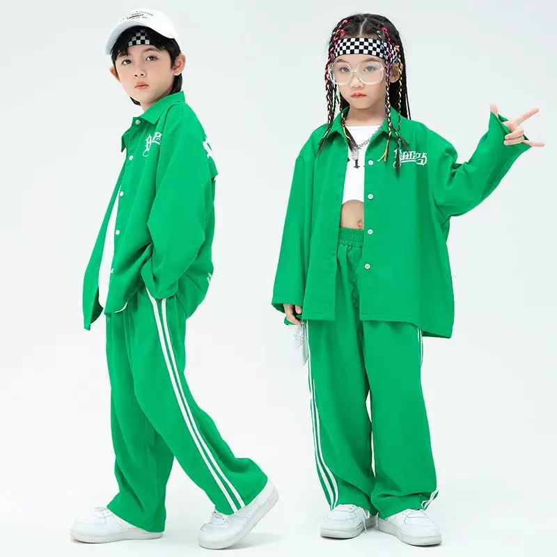 새 소년 힙합 느슨한 셔츠 거리 댄스 스포츠 세트 소녀 녹색 블라우스 운동복 의류 아동 streetwear 어린이 십대 의상
