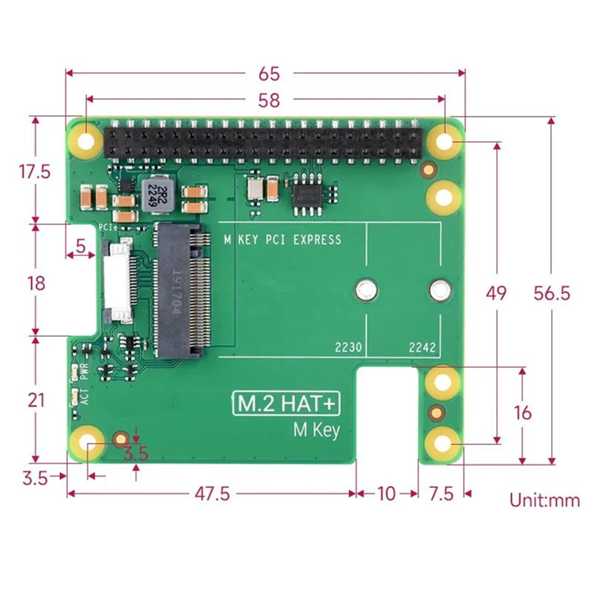 

PCIe to M.2 HAT+ for Raspberry Pi 5 Gen2 Gen3 M.2 NVME SSD 2230/2242 M Key PCIE GPIO Expansion Board for