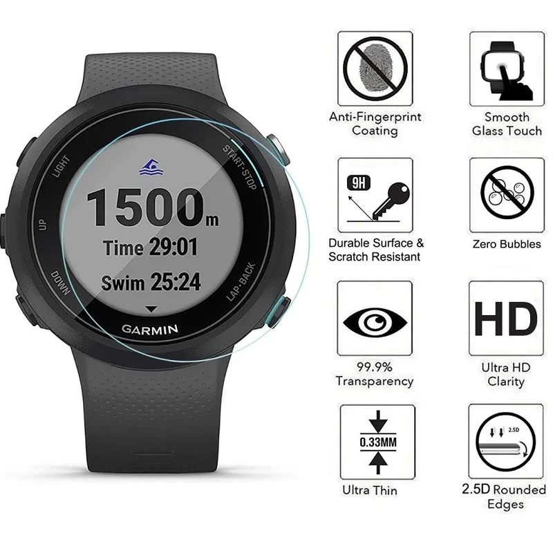Pellicola salvaschermo 5 pezzi per Garmin Swim 2 Smart Watch rotonda Pellicola protettiva antigraffio in vetro temperato