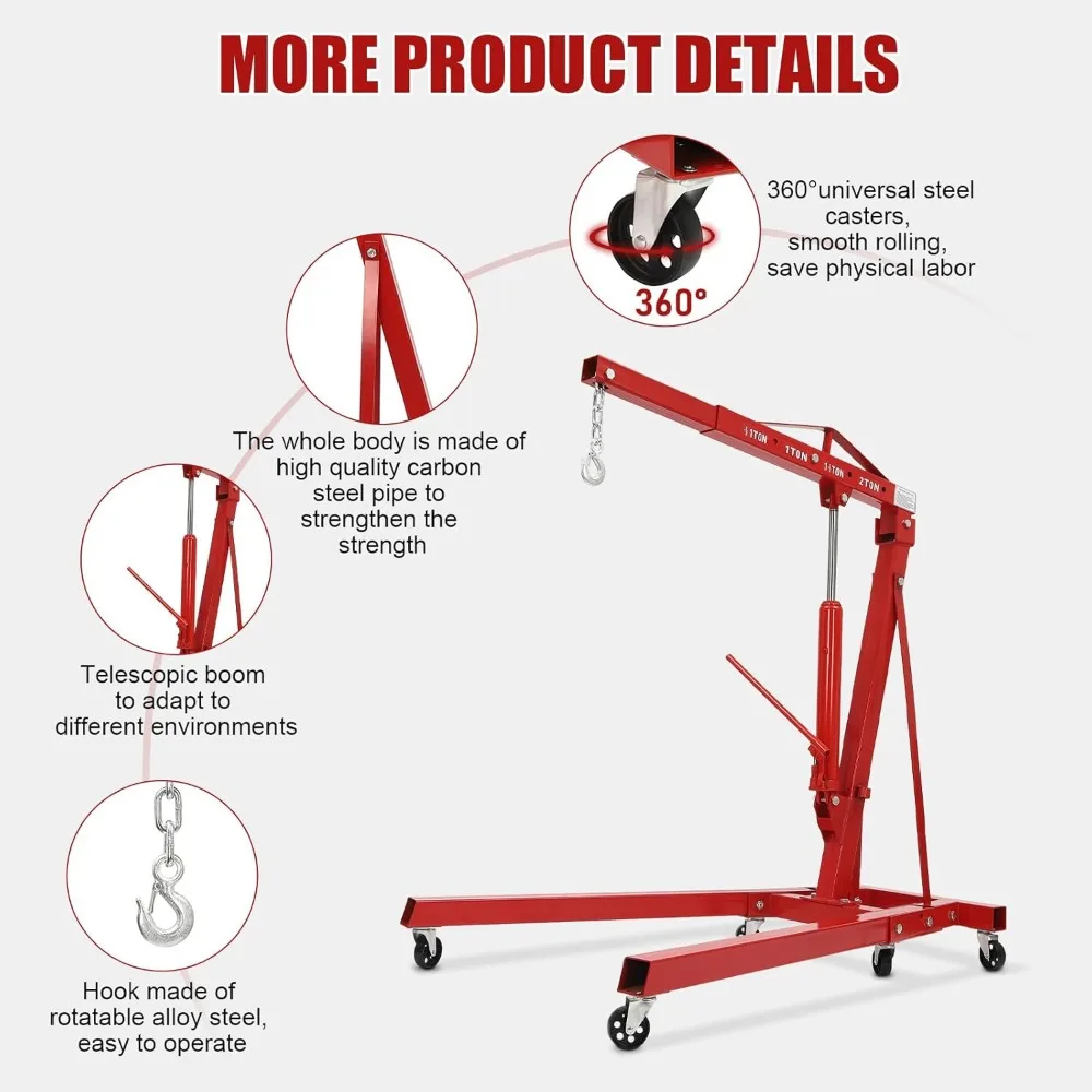 Engine Hoist, 2 Ton Engine Hoist, Folding hydraulic crane lift, Heavy-duty hydraulic engine crane with 6 casters
