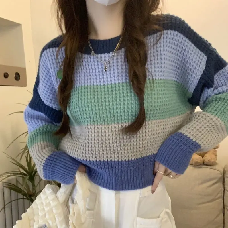 Multicolor Striped Pullovers Sweater Women Autumn Winter Fashion Loose Long Sleeve Knitwear All-match Preppy Style Knitting Tops