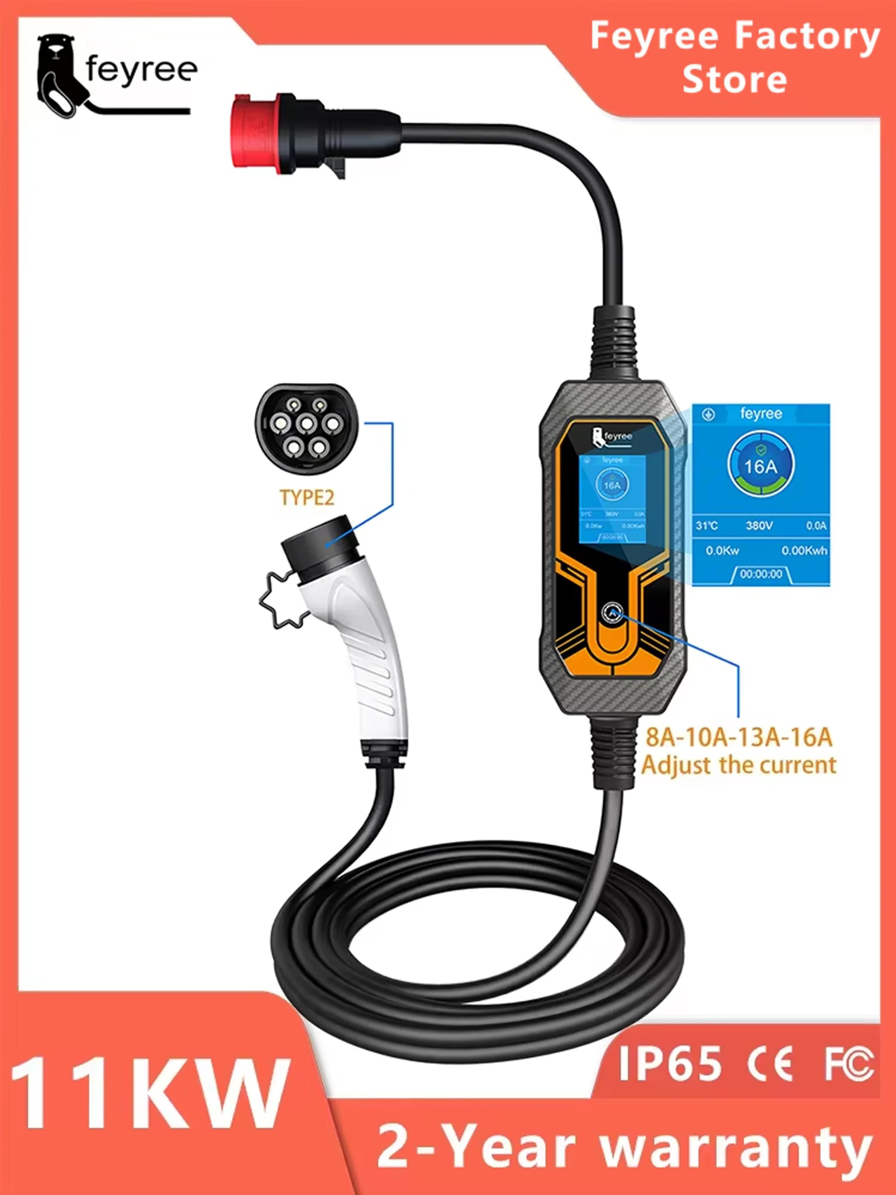 Feyree 11kW 16A 3-Phasen EV Tragbares Ladegerät Typ2 5M Kabel EVSE Ladebox Elektroauto-Ladegerät CEE-Stecker für Elektrofahrzeuge