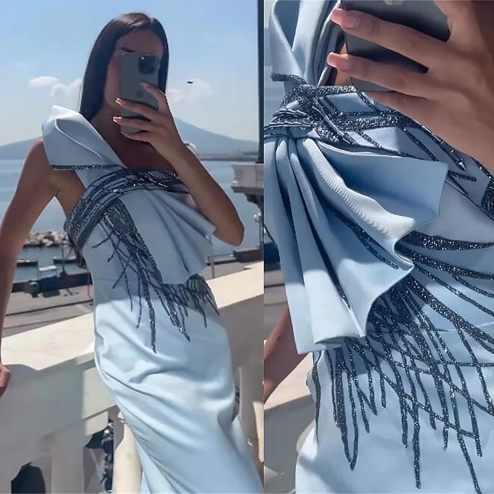 Prom Dresses Mode Asymmetrische One-Shoulder Schede Feestjurk Vloer Lengte Lovertjes Ruches Satijn Formele Avondjurken Zomer