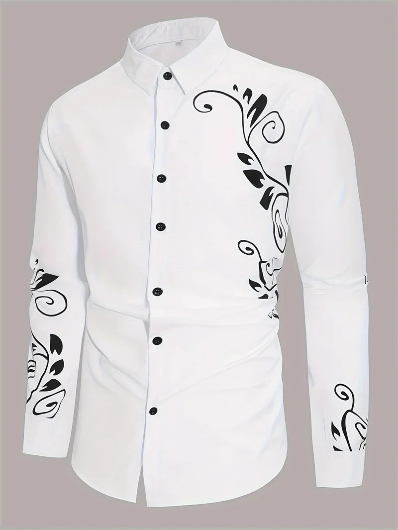 

Men's simple and fashionable blue and white pattern 3D printed long-sleeved lapel shirt vacation casual business formal shirt