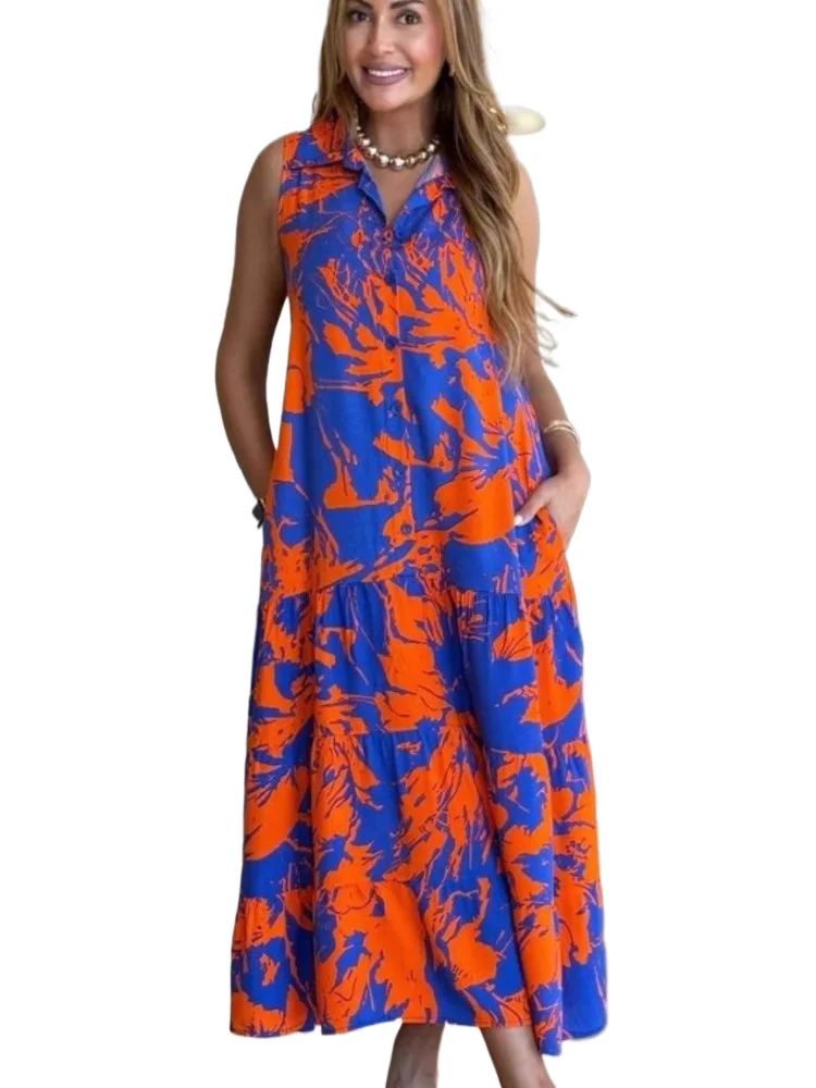 New Summer Fashion V-neck Sleeveless Print Boho Dress Women's Elegant Casual Loose Beach Party Holiday Dresses Robe Femme