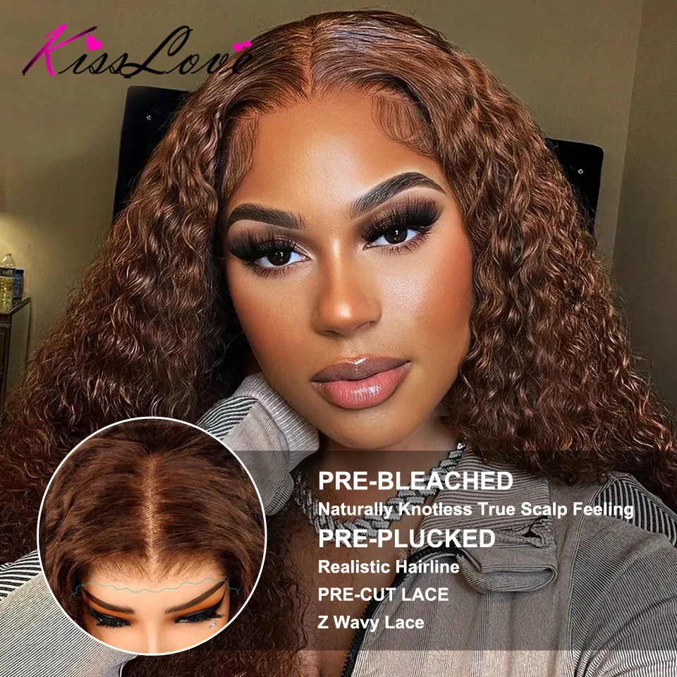 Chocolate Brown Invisi Strap Snug Fit 360 Glueless Wigs Human Hair Water Wave Full Lace Frontal Wig Bleached Knots Deep Wave Wig