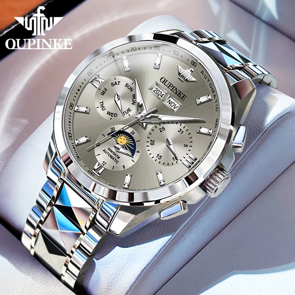 OUPINKE 3201 Watch For Men Moon Phase Mechanical Man Watch Waterproof Date Male Automatic Wristwatch Synthetic Sapphire Mirror