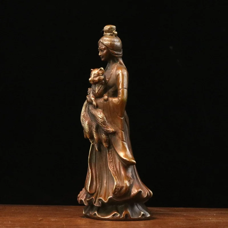 Antique Copper Nine-Tailed Fox Statue - Feng Shui Spirit Fox Figurine, Chinese Style Traditional Home Living Room Decor